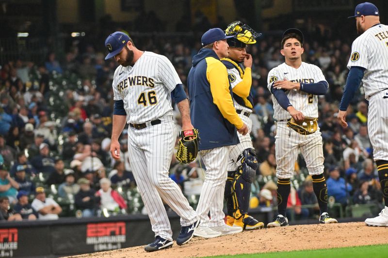 Jun 11, 2023; Milwaukee, Wisconsin, USA; Milwaukee Brewers pitcher Bryse Wilson (46) walks off the mound during a pitching change in the seventh inning against the Oakland Athletes at American Family Field. Mandatory Credit: Benny Sieu-USA TODAY Sports