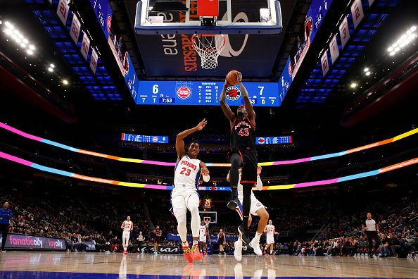 DETROIT, MI - DECEMBER 30: Pascal Siakam #43 of the Toronto Raptors drives to the basket during the game against the Detroit Pistons  on December 30, 2023 at Little Caesars Arena in Detroit, Michigan. NOTE TO USER: User expressly acknowledges and agrees that, by downloading and/or using this photograph, User is consenting to the terms and conditions of the Getty Images License Agreement. Mandatory Copyright Notice: Copyright 2023 NBAE (Photo by Brian Sevald/NBAE via Getty Images)