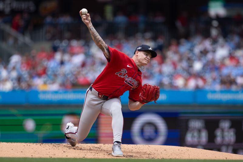 May 29, 2025; Philadelphia, Pennsylvania, USA; Atlanta Braves pitcher AJ Smith-Shawver (32) throws a pitch during the second inning against the Philadelphia Phillies at Citizens Bank Park. Mandatory Credit: Bill Streicher-Imagn Images