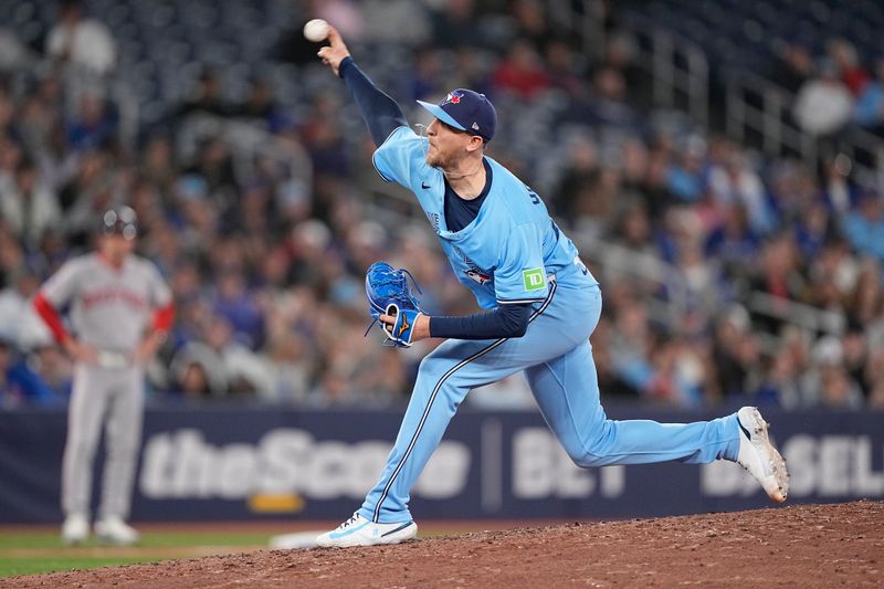 Apr 30, 2025; Toronto, Ontario, CAN; Toronto Blue Jays pitcher Jeff Hoffman (23) pitches to the Boston Red Sox during the ninth inning at Rogers Centre. Mandatory Credit: John E. Sokolowski-Imagn Images
