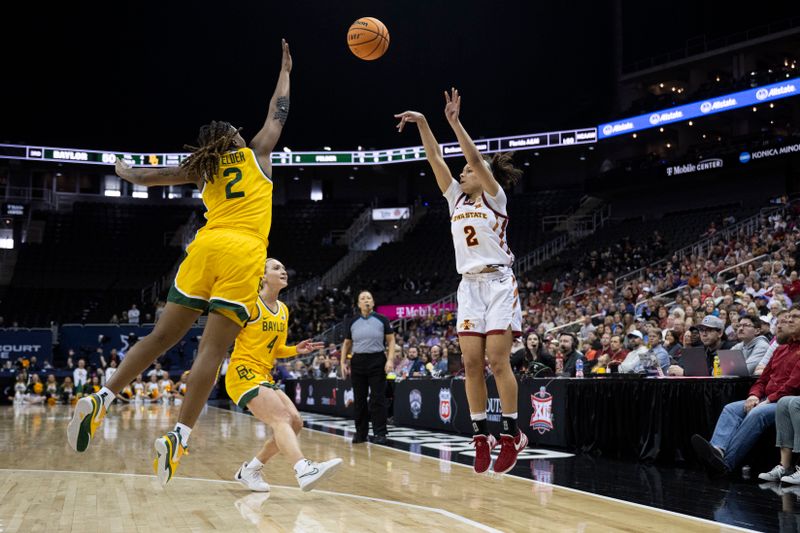 Mar 9, 2024; Kansas City, MO, USA; Iowa State Cyclones guard Arianna Jackson (2) shoots the ball while defended by Baylor Lady Bears guard Yaya Felder (2) during the second half at T-Mobile Center. Mandatory Credit: Amy Kontras-USA TODAY Sports