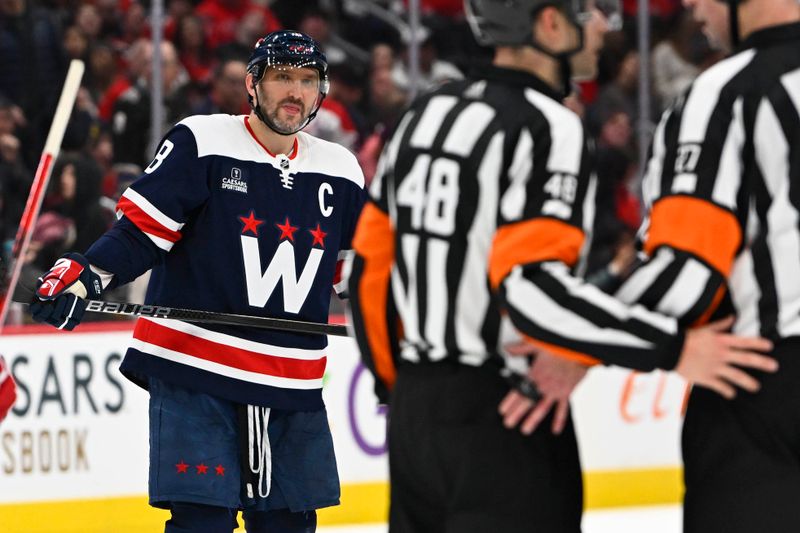 Dec 30, 2023; Washington, District of Columbia, USA; Washington Capitals left wing Alex Ovechkin (8) reacts after a third period goal was disallowed at Capital One Arena. Mandatory Credit: Brad Mills-USA TODAY Sports