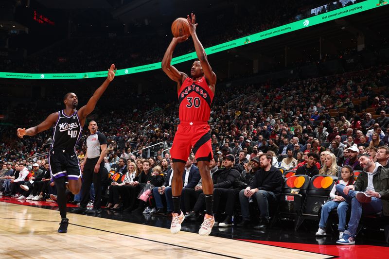 TORONTO, CANADA - MARCH 20: Ochai Agbaji #30 of the Toronto Raptors shoots the ball during the game against the Sacramento Kings on March 20, 2024 at the Scotiabank Arena in Toronto, Ontario, Canada.  NOTE TO USER: User expressly acknowledges and agrees that, by downloading and or using this Photograph, user is consenting to the terms and conditions of the Getty Images License Agreement.  Mandatory Copyright Notice: Copyright 2024 NBAE (Photo by Vaughn Ridley/NBAE via Getty Images)