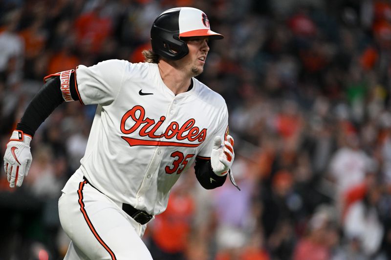 May 13, 2024; Baltimore, Maryland, USA;  Baltimore Orioles catcher Adley Rutschman (35) runs out a sixth inning solo homerun against the Toronto Blue Jays at Oriole Park at Camden Yards. Mandatory Credit: Tommy Gilligan-USA TODAY Sports