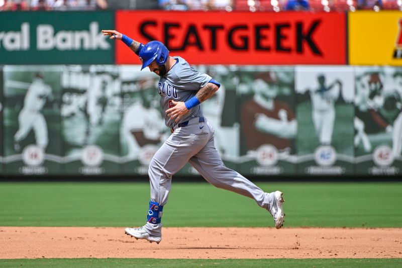 Jul 14, 2024; St. Louis, Missouri, USA;  Chicago Cubs catcher Tomas Nido (6) reacts as he runs the bases after hitting a solo home run against the St. Louis Cardinals during the fifth inning at Busch Stadium. Mandatory Credit: Jeff Curry-USA TODAY Sports