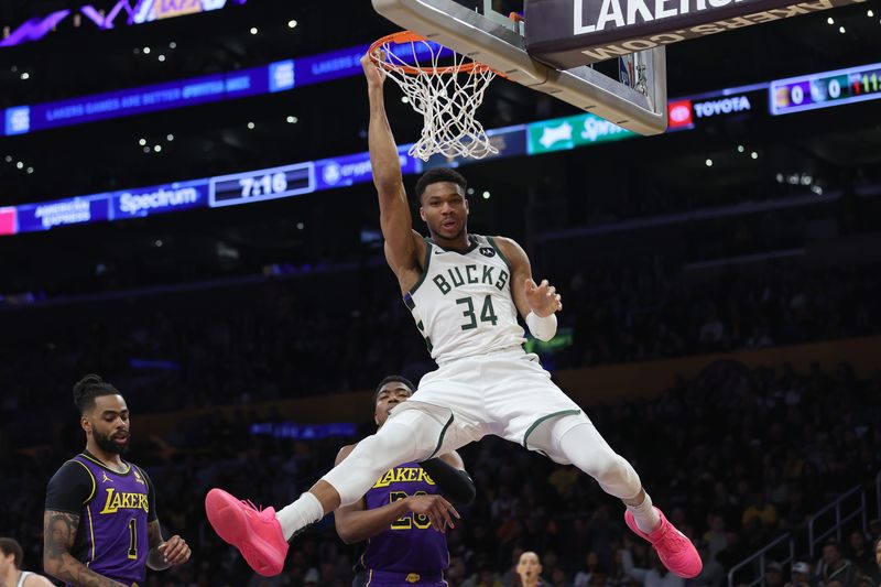 LOS ANGELES, CALIFORNIA - MARCH 08: Giannis Antetokounmpo #34 of the Milwaukee Bucks dunks the ball during the first half of a game against the Los Angeles Lakers at Crypto.com Arena on March 08, 2024 in Los Angeles, California. (Photo by Sean M. Haffey/Getty Images)