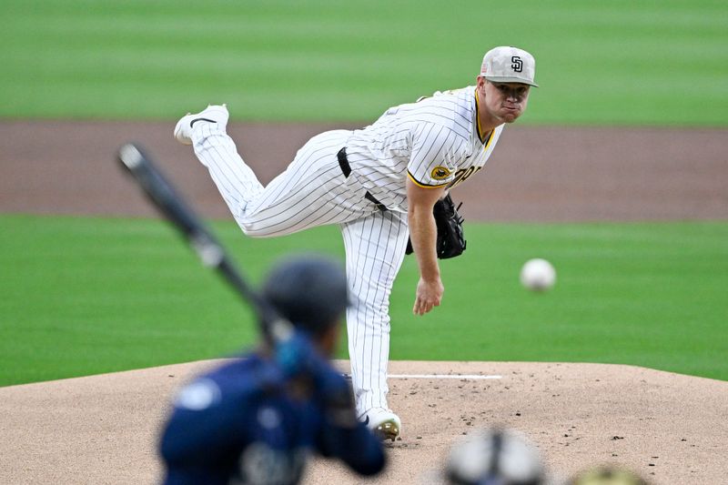 May 16, 2025; San Diego, California, USA; San Diego Padres pitcher Stephen Kolek (32) delivers during first inning against the Seattle Mariners at Petco Park. Mandatory Credit: Denis Poroy-Imagn Images