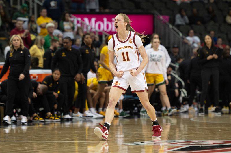 Mar 9, 2024; Kansas City, MO, USA; Iowa State Cyclones guard Emily Ryan (11) celebrates after defeating the Baylor Lady Bears during the second half at T-Mobile Center. Mandatory Credit: Amy Kontras-USA TODAY Sports