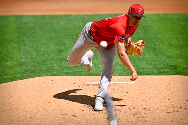 Mar 26, 2024; Arlington, Texas, USA; Boston Red Sox starting pitcher Richard Fitts (80) pitches against the Texas Rangers during the first inning at Globe Life Field. Mandatory Credit: Jerome Miron-USA TODAY Sports