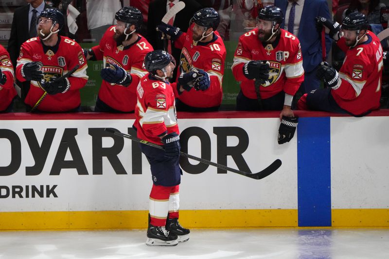 Jun 9, 2025; Sunrise, Florida, USA; in game three of the 2025 Stanley Cup Final at Amerant Bank Arena. Mandatory Credit: Jim Rassol-Imagn Images