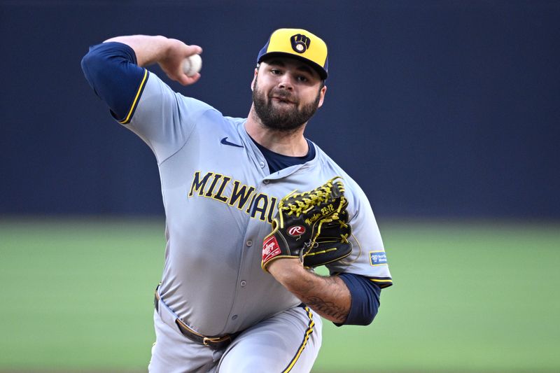 Jun 20, 2024; San Diego, California, USA; Milwaukee Brewers starting pitcher Bryse Wilson (46) pitches against the San Diego Padres during the first inning at Petco Park. Mandatory Credit: Orlando Ramirez-USA TODAY Sports