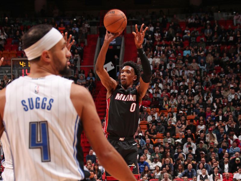 MIAMI, FL - FEBRUARY 6:  Josh Richardson #0 of the Miami Heat shoots a three point basket during the game against the Orlando Magic on February 6, 2024 at Kaseya Center in Miami, Florida. NOTE TO USER: User expressly acknowledges and agrees that, by downloading and or using this Photograph, user is consenting to the terms and conditions of the Getty Images License Agreement. Mandatory Copyright Notice: Copyright 2024 NBAE (Photo by Issac Baldizon/NBAE via Getty Images)