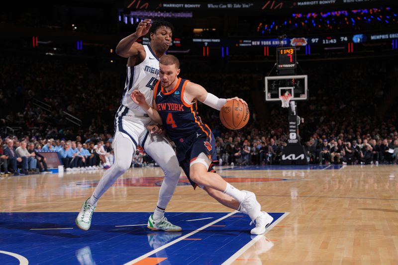 NEW YORK, NY - FEBRUARY 6: Malachi Flynn #4 of the New York Knicks drives to the basket during the game against the Memphis Grizzlies on February 6, 2024 at Madison Square Garden in New York City, New York.  NOTE TO USER: User expressly acknowledges and agrees that, by downloading and or using this photograph, User is consenting to the terms and conditions of the Getty Images License Agreement. Mandatory Copyright Notice: Copyright 2024 NBAE  (Photo by Jesse D. Garrabrant/NBAE via Getty Images)