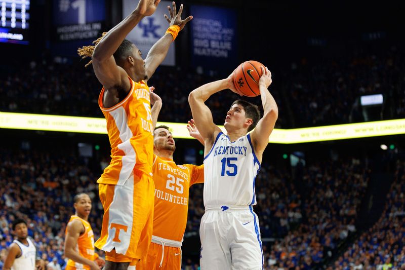 Feb 3, 2024; Lexington, Kentucky, USA; Kentucky Wildcats guard Reed Sheppard (15) shoots the ball during the second half against the Tennessee Volunteers at Rupp Arena at Central Bank Center. Mandatory Credit: Jordan Prather-USA TODAY Sports