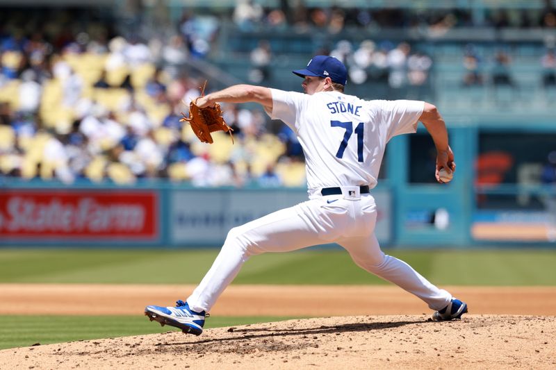 May 8, 2024; Los Angeles, California, USA;  Los Angeles Dodgers pitcher Gavin Stone (71) pitches during the fifth inning against the Miami Marlins at Dodger Stadium. Mandatory Credit: Kiyoshi Mio-USA TODAY Sports