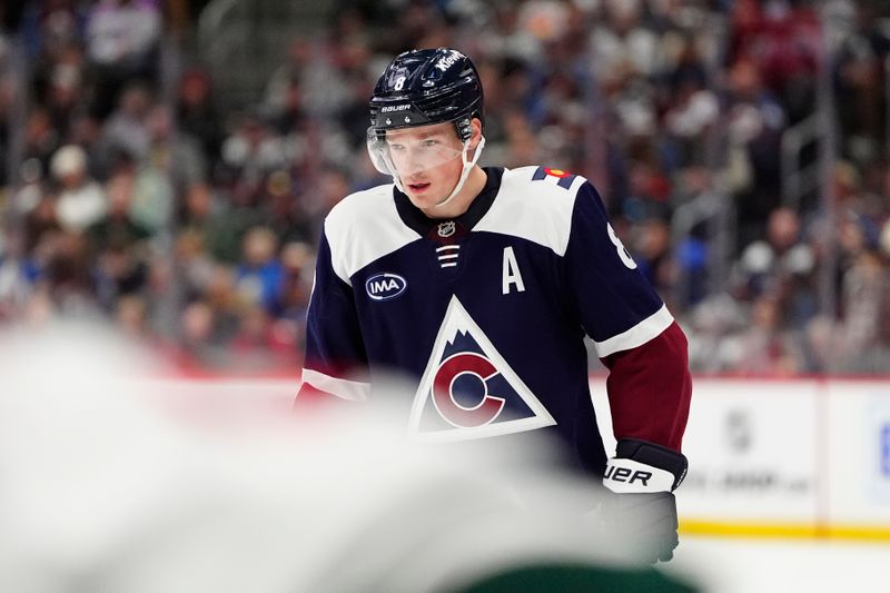 Jan 20, 2025; Denver, Colorado, USA;  Colorado Avalanche defenseman Cale Makar (8) during the second period against the Minnesota Wild at Ball Arena. Mandatory Credit: Ron Chenoy-Imagn Images