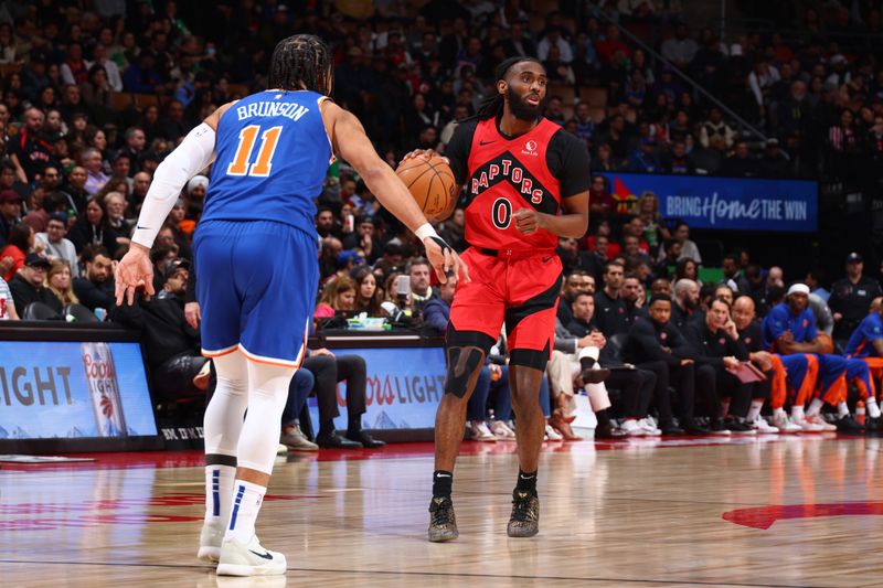 TORONTO, CANADA - MARCH 27: Javon Freeman-Liberty #0 of the Toronto Raptors dribbles the ball during the game against the New York Knicks on March 27, 2024 at the Scotiabank Arena in Toronto, Ontario, Canada.  NOTE TO USER: User expressly acknowledges and agrees that, by downloading and or using this Photograph, user is consenting to the terms and conditions of the Getty Images License Agreement.  Mandatory Copyright Notice: Copyright 2024 NBAE (Photo by Vaughn Ridley/NBAE via Getty Images)
