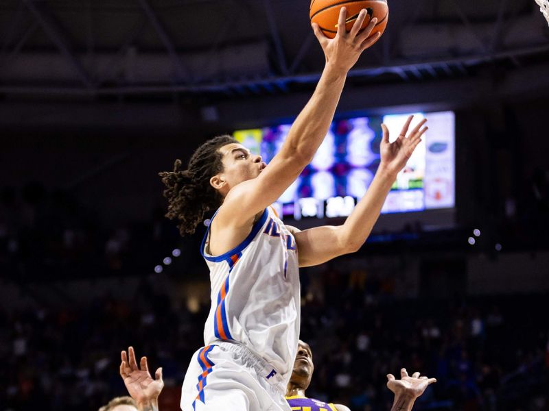 Feb 13, 2024; Gainesville, Florida, USA; Florida Gators guard Walter Clayton Jr. (1) makes a layup over LSU Tigers guard Jordan Wright (6) during the second half at Exactech Arena at the Stephen C. O'Connell Center. Mandatory Credit: Matt Pendleton-USA TODAY Sports