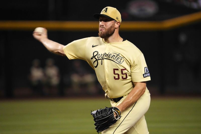 Jul 28, 2023; Phoenix, Arizona, USA; Arizona Diamondbacks relief pitcher Austin Adams (55) pitches against the Seattle Mariners during the seventh inning at Chase Field. Mandatory Credit: Joe Camporeale-USA TODAY Sports