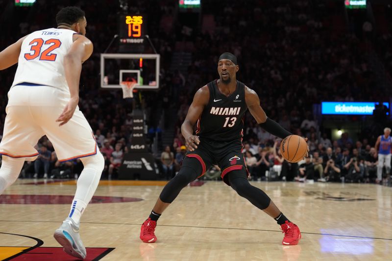 MIAMI, FL - MARCH 02:  Bam Adebayo #13 of the Miami Heat handles the ball during the game against the New York Knicks on March 02, 2025 at Kaseya Center in Miami, Florida. NOTE TO USER: User expressly acknowledges and agrees that, by downloading and or using this Photograph, user is consenting to the terms and conditions of the Getty Images License Agreement. Mandatory Copyright Notice: Copyright 2025 NBAE (Photo by Eric Espada/NBAE via Getty Images)