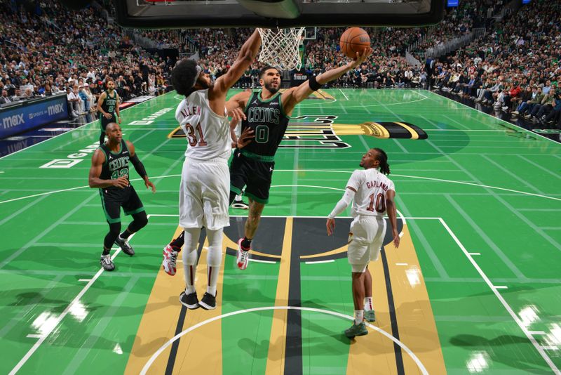 BOSTON, MA - NOVEMBER 19: Jayson Tatum #0 of the Boston Celtics drives to the basket during the game against the Cleveland Cavaliers during the Emirates NBA Cup game on November 19, 2024 at TD Garden in Boston, Massachusetts. NOTE TO USER: User expressly acknowledges and agrees that, by downloading and/or using this Photograph, user is consenting to the terms and conditions of the Getty Images License Agreement. Mandatory Copyright Notice: Copyright 2024 NBAE (Photo by Jesse D. Garrabrant/NBAE via Getty Images)