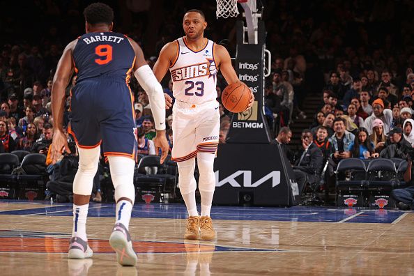 NEW YORK, NY - NOVEMBER 26: Eric Gordon #23 of the Phoenix Suns dribbles the ball during the game against the New York Knicks on November 26, 2023 at Madison Square Garden in New York City, New York.  NOTE TO USER: User expressly acknowledges and agrees that, by downloading and or using this photograph, User is consenting to the terms and conditions of the Getty Images License Agreement. Mandatory Copyright Notice: Copyright 2023 NBAE  (Photo by Nathaniel S. Butler/NBAE via Getty Images)