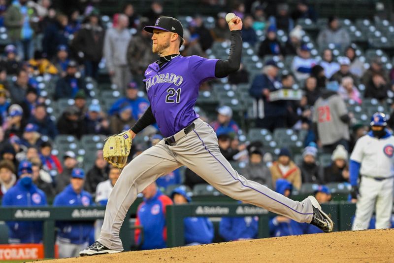 Apr 2, 2024; Chicago, Illinois, USA; Colorado Rockies starting pitcher Kyle Freeland (21) delivers against then Chicago Cubs during the first inning at Wrigley Field. Mandatory Credit: Matt Marton-USA TODAY Sports