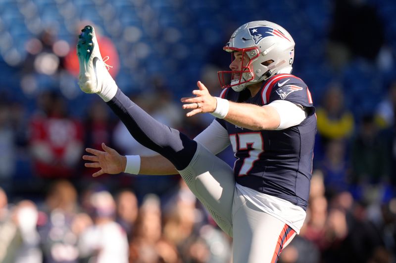 New England Patriots punter Bryce Baringer (17) prior to an NFL football game between the New England Patriots and Los Angeles Rams, Sunday, Nov. 17, 2024, in Foxborough, Mass. (AP Photo/Steven Senne)