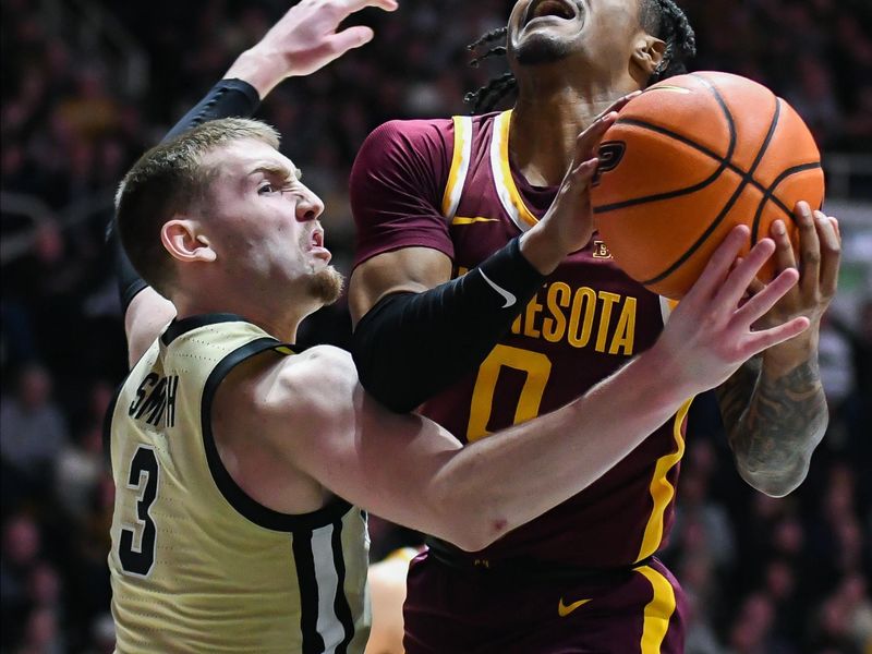 Feb 15, 2024; West Lafayette, Indiana, USA; Purdue Boilermakers guard Braden Smith (3) and Minnesota Golden Gophers guard Elijah Hawkins (0) battle for a rebound during the second half at Mackey Arena. Mandatory Credit: Robert Goddin-USA TODAY Sports