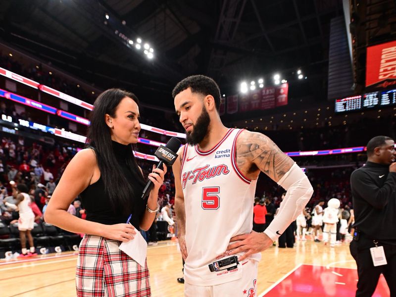 HOUSTON, TX - APRIL 9: Fred VanVleet #5 of the Houston Rockets talks to the media after the game against the Orlando Magic on April 9, 2024 at the Toyota Center in Houston, Texas. NOTE TO USER: User expressly acknowledges and agrees that, by downloading and or using this photograph, User is consenting to the terms and conditions of the Getty Images License Agreement. Mandatory Copyright Notice: Copyright 2024 NBAE (Photo by Logan Riely/NBAE via Getty Images)