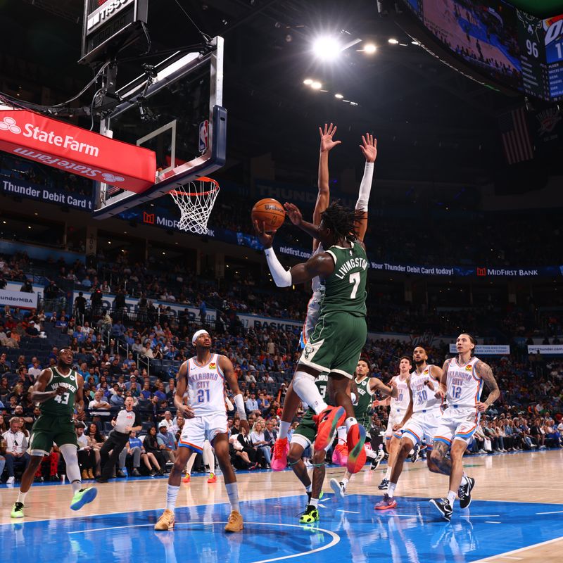 OKLAHOMA CITY, OK - APRIL 12: Chris Livingston #7 of the Milwaukee Bucks shoots the ball during the game against the Oklahoma City Thunder on April 12, 2024 at Paycom Arena in Oklahoma City, Oklahoma. NOTE TO USER: User expressly acknowledges and agrees that, by downloading and or using this photograph, User is consenting to the terms and conditions of the Getty Images License Agreement. Mandatory Copyright Notice: Copyright 2024 NBAE (Photo by Zach Beeker/NBAE via Getty Images)