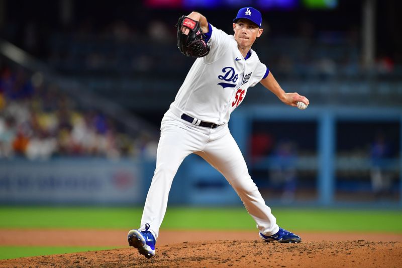 Aug 10, 2023; Los Angeles, California, USA; Los Angeles Dodgers relief pitcher Ryan Yarbrough (56) throws against the Colorado Rockies during the sixth inning at Dodger Stadium. Mandatory Credit: Gary A. Vasquez-USA TODAY Sports