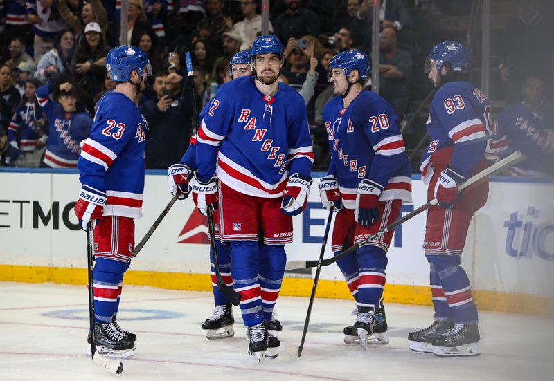 Sep 24, 2024; New York, New York, USA; New York Rangers center Filip Chytil (72) celebrates his goal against the New York Islanders during the third period at Madison Square Garden. Mandatory Credit: Danny Wild-Imagn Images