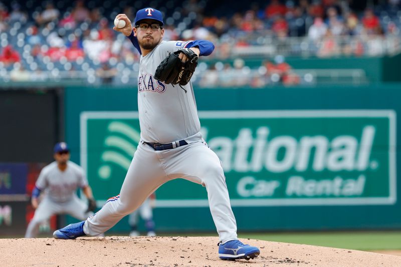 Jul 9, 2023; Washington, District of Columbia, USA; Texas Rangers starting pitcher Dane Dunning (33) pitches against the Washington Nationals during the first inning at Nationals Park. Mandatory Credit: Geoff Burke-USA TODAY Sports