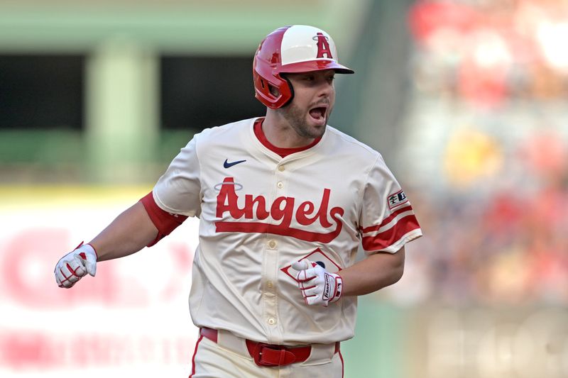 Jun 5, 2024; Anaheim, California, USA;  Los Angeles Angels first baseman Nolan Schanuel (18) rounds the bases after hitting a lead off solo home run in the first inning against the San Diego Padres at Angel Stadium. Mandatory Credit: Jayne Kamin-Oncea-USA TODAY Sports