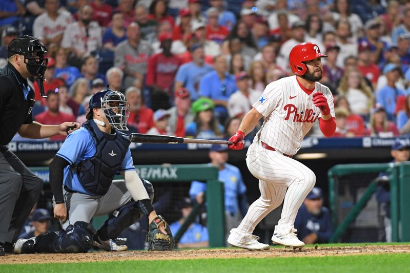 Sep 10, 2024; Philadelphia, Pennsylvania, USA; Philadelphia Phillies outfielder Cal Stevenson (47) watches his two RBI double during the eighth inning against the Tampa Bay Rays  at Citizens Bank Park. Mandatory Credit: Eric Hartline-Imagn Images