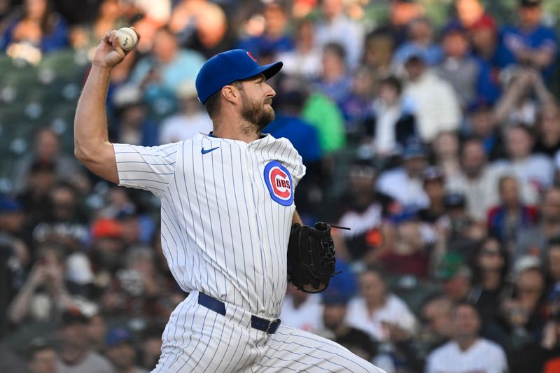 May 6, 2025; Chicago, Illinois, USA;  Chicago Cubs pitcher Colin Rea (53) delivers during the first inning against the San Francisco Giants at Wrigley Field. Mandatory Credit: Matt Marton-Imagn Images
