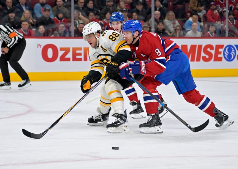 Nov 15, 2025; Montreal, Quebec, CAN; Montreal Canadiens defenseman Mike Matheson (8) takes the puck away from Boston Bruins forward David Pastrnak (88) during the first period at the Bell Centre. Mandatory Credit: Eric Bolte-Imagn Images