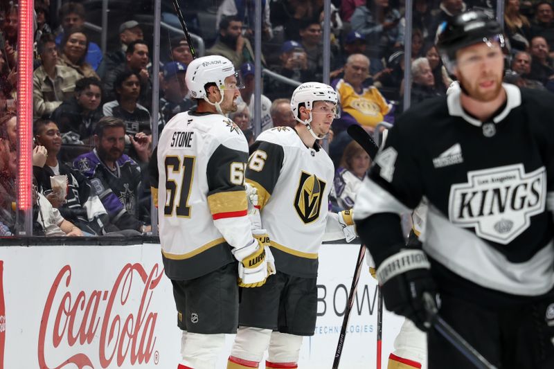 Oct 30, 2024; Los Angeles, California, USA;  Vegas Golden Knights left wing Pavel Dorofeyev (16) reacts after scoring a goal during the third period against the Los Angeles Kings at Crypto.com Arena. Mandatory Credit: Kiyoshi Mio-Imagn Images