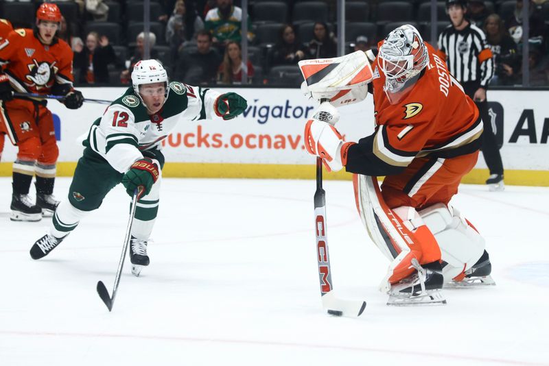 Nov 8, 2024; Anaheim, California, USA; Anaheim Ducks goaltender Lukas Dostal (1) clears the puck during the first period of a hockey game against the Minnesota Wild at Honda Center. Mandatory Credit: Jessica Alcheh-Imagn Images