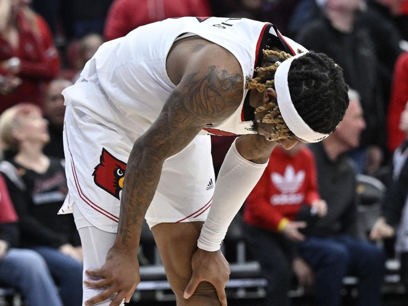 Feb 4, 2023; Louisville, Kentucky, USA;  Louisville Cardinals guard El Ellis (3) reacts after time expired during the second half against the Florida State Seminoles at KFC Yum! Center. Florida State defeated Louisville 81-78. Mandatory Credit: Jamie Rhodes-USA TODAY Sports