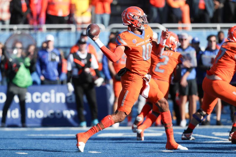 Oct 28, 2023; Boise, Idaho, USA; Boise State Broncos quarterback Taylen Green (10) during the first half against the against the Wyoming Cowboys at Albertsons Stadium. Mandatory Credit: Brian Losness-USA TODAY Sports

