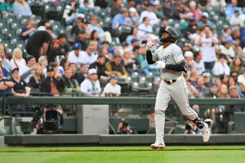 Jun 10, 2024; Seattle, Washington, USA; Chicago White Sox center fielder Luis Robert Jr. (88) runs the bases after hitting a 2-run home run against the Seattle Mariners during the sixth inning at T-Mobile Park. Mandatory Credit: Steven Bisig-USA TODAY Sports