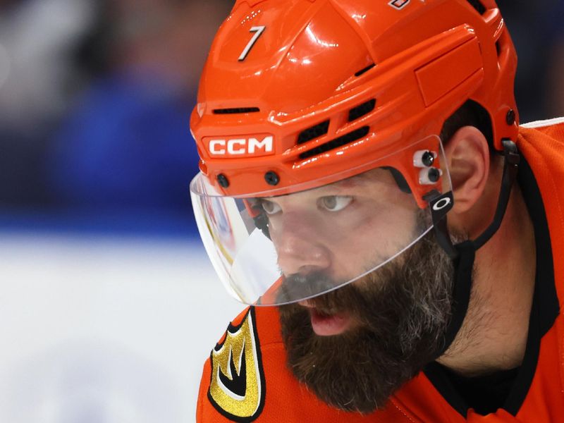 Jan 10, 2026; Buffalo, New York, USA;  Anaheim Ducks defenseman Radko Gudas (7) waits for the face-off during the second period against the Buffalo Sabres at KeyBank Center. Mandatory Credit: Timothy T. Ludwig-Imagn Images