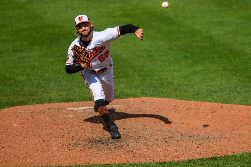 Aug 27, 2023; Baltimore, Maryland, USA; Baltimore Orioles relief pitcher Cionel Perez (58) throws a pitch during the eighth inning against the Colorado Rockies at Oriole Park at Camden Yards. Mandatory Credit: Reggie Hildred-USA TODAY Sports