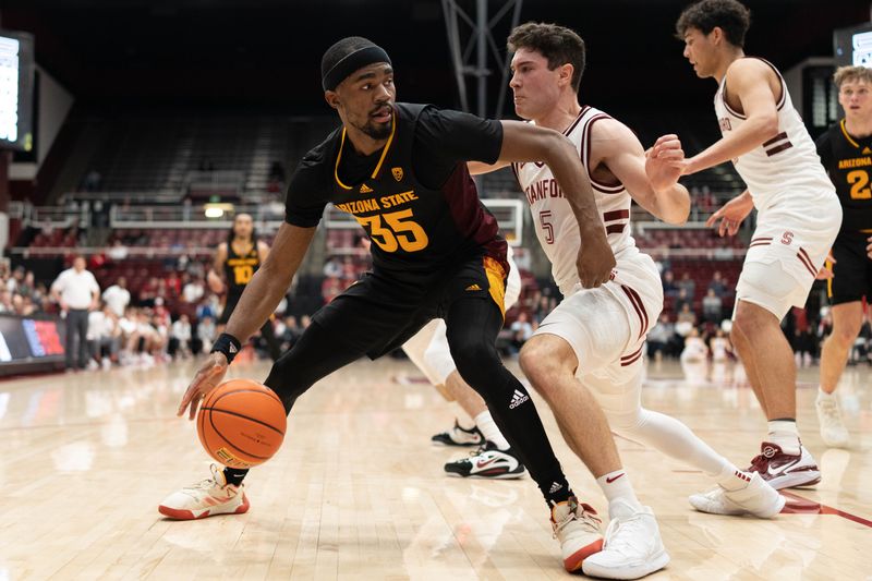 Feb 9, 2023; Stanford, California, USA;  Arizona State Sun Devils guard Devan Cambridge (35) controls the ball during the second half against Stanford Cardinal guard Michael O'Connell (5) at Maples Pavilion. Mandatory Credit: Stan Szeto-USA TODAY Sports