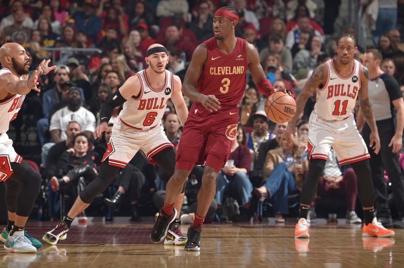 CLEVELAND, OH - FEBRUARY 14: Caris LeVert #3 of the Cleveland Cavaliers handles the ball during the game against the Chicago Bulls on February 14, 2024 at Rocket Mortgage FieldHouse in Cleveland, Ohio. NOTE TO USER: User expressly acknowledges and agrees that, by downloading and/or using this Photograph, user is consenting to the terms and conditions of the Getty Images License Agreement. Mandatory Copyright Notice: Copyright 2024 NBAE (Photo by David Liam Kyle/NBAE via Getty Images)