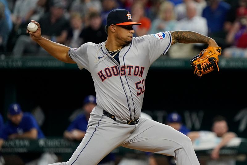 Apr 6, 2024; Arlington, Texas, USA; Houston Astros pitcher Bryan Abreu (52) throws to the plate during the sixth inning against the Texas Rangers at Globe Life Field. Mandatory Credit: Raymond Carlin III-USA TODAY Sports