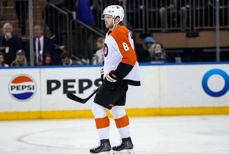 Apr 11, 2024; New York, New York, USA; Philadelphia Flyers defenseman Cam York (8) celebrates his goal against the New York Rangers during the first period at Madison Square Garden. Mandatory Credit: Danny Wild-USA TODAY Sports