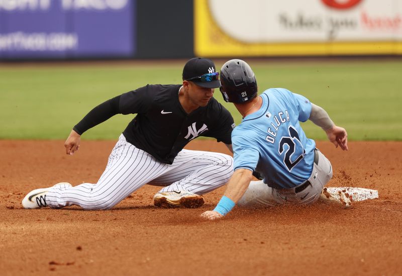 Mar 6, 2024; Tampa, Florida, USA;  New York Yankees second baseman Gleyber Torres (25)  tags out Tampa Bay Rays left fielder Jonny Deluca (21) as he attempted to steal during the fourth inning at George M. Steinbrenner Field. Mandatory Credit: Kim Klement Neitzel-USA TODAY Sports